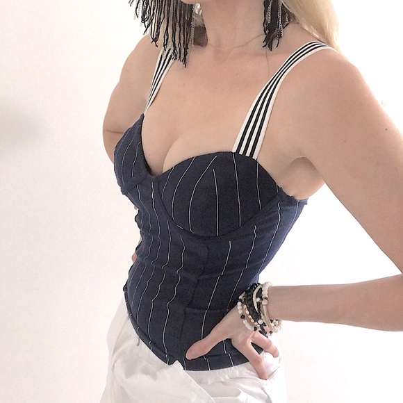 Zara Navy and White Striped Stretchy Bustier Top - Picture 1 of 4